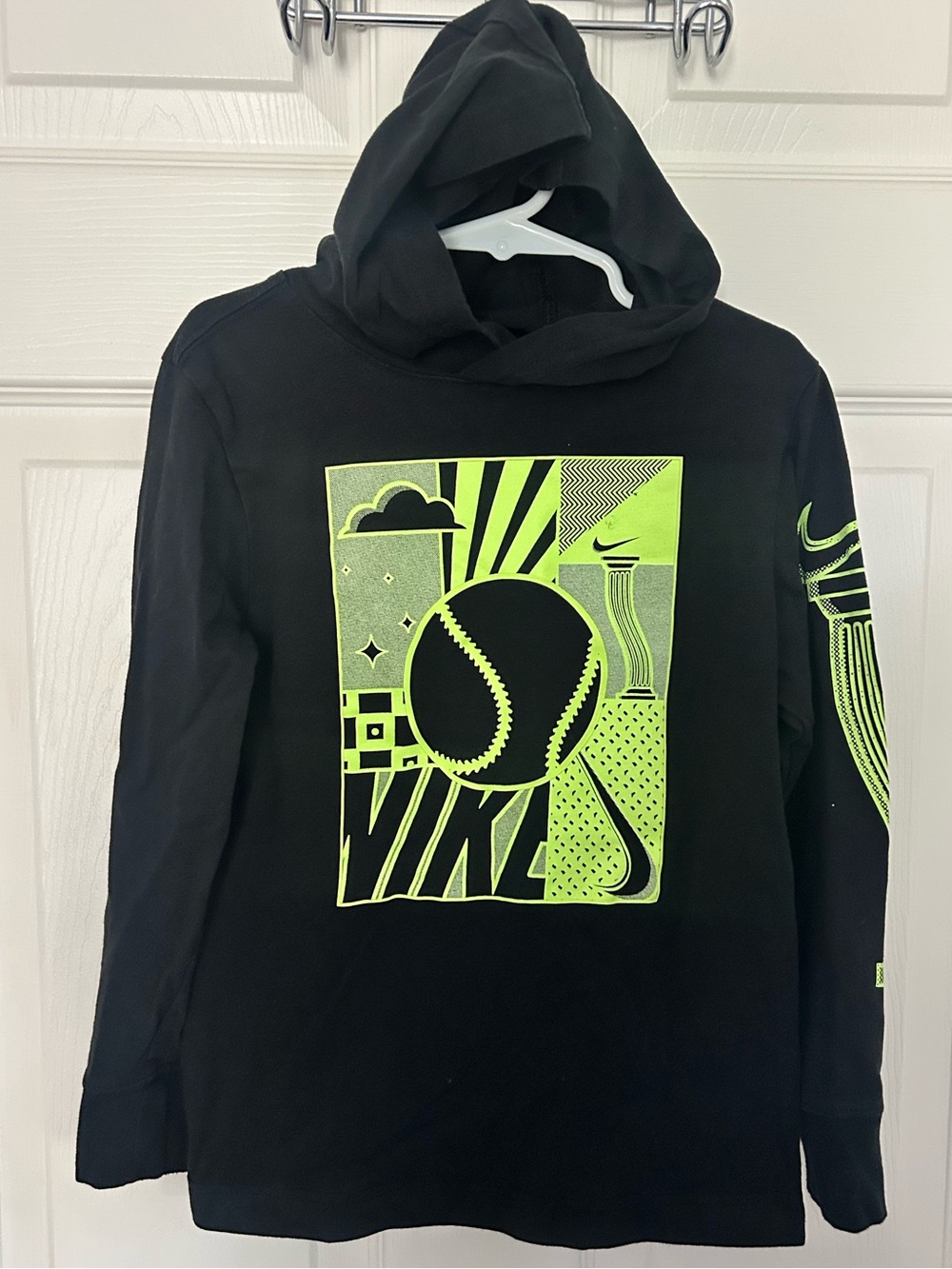 Boys, Nike, Black Long Sleeve w/ hood with Neon Sports Graphic, 7